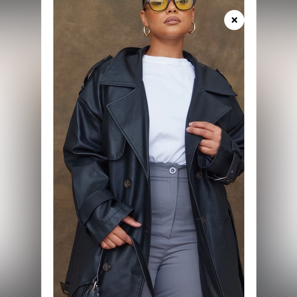 Plus Black Faux Leather Statement Buckle Trench Coat - Picture 2 of 10